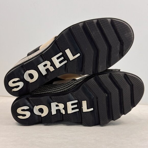 Sorel Womens 7.5 Wedge Sandals Black Beige Strappy Joanie II Slingback Chevron - Picture 5 of 13